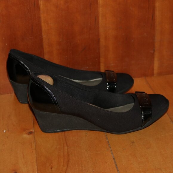 Anne Klein Sport Taelyn Black Stretch Fabric Patent Leather Buckle Wedge Shoes - Picture 2 of 9